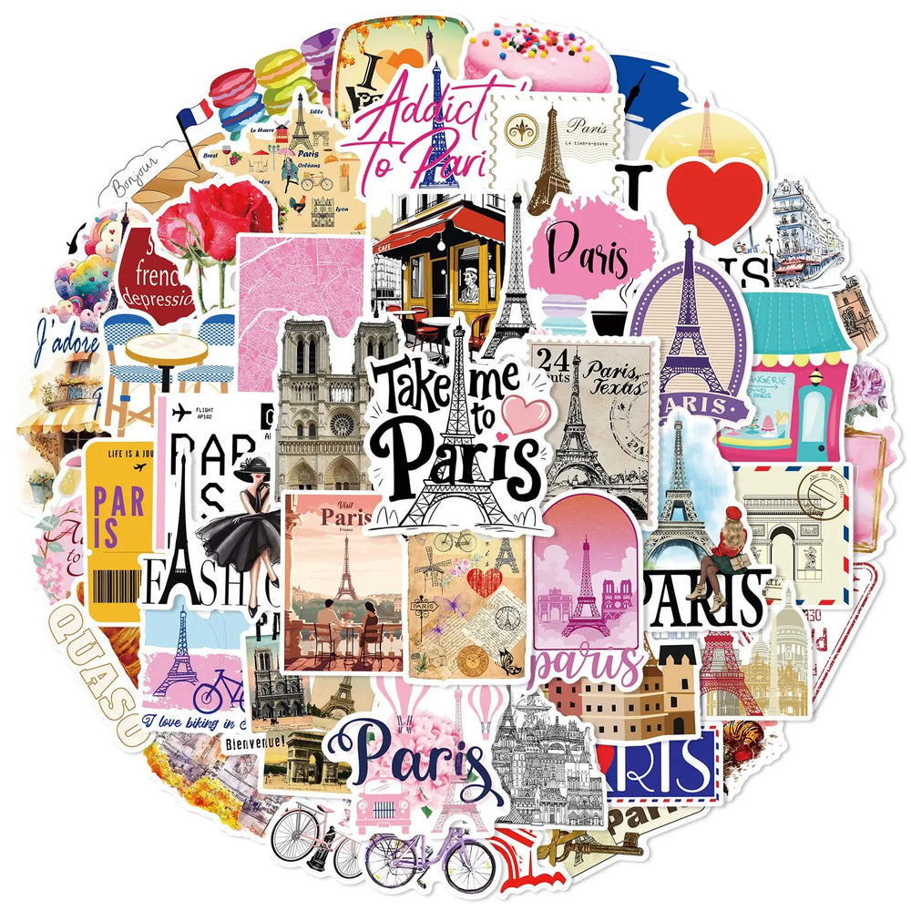 10/50PCS Romantic Paris Travel Landscape Stickers Cute Eiffel Tower Graffiti Decals Scrapbook Water Bottle Phone Luggage Sticker (Online Order Only)