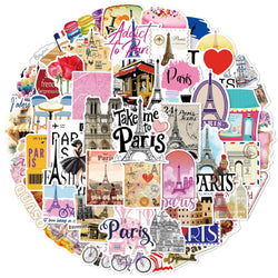 10/50PCS Romantic Paris Travel Landscape Stickers Cute Eiffel Tower Graffiti Decals Scrapbook Water Bottle Phone Luggage Sticker (Online Order Only)