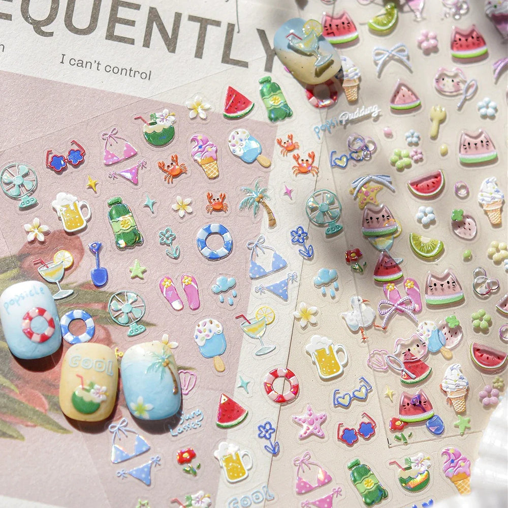Summer Beach Bikini Watermelon Cat Popsicle Swim Ring Ice Cream Shell Coconut Tree Nail Art Decoration Stickers Manicure Decals (Online Order Only)