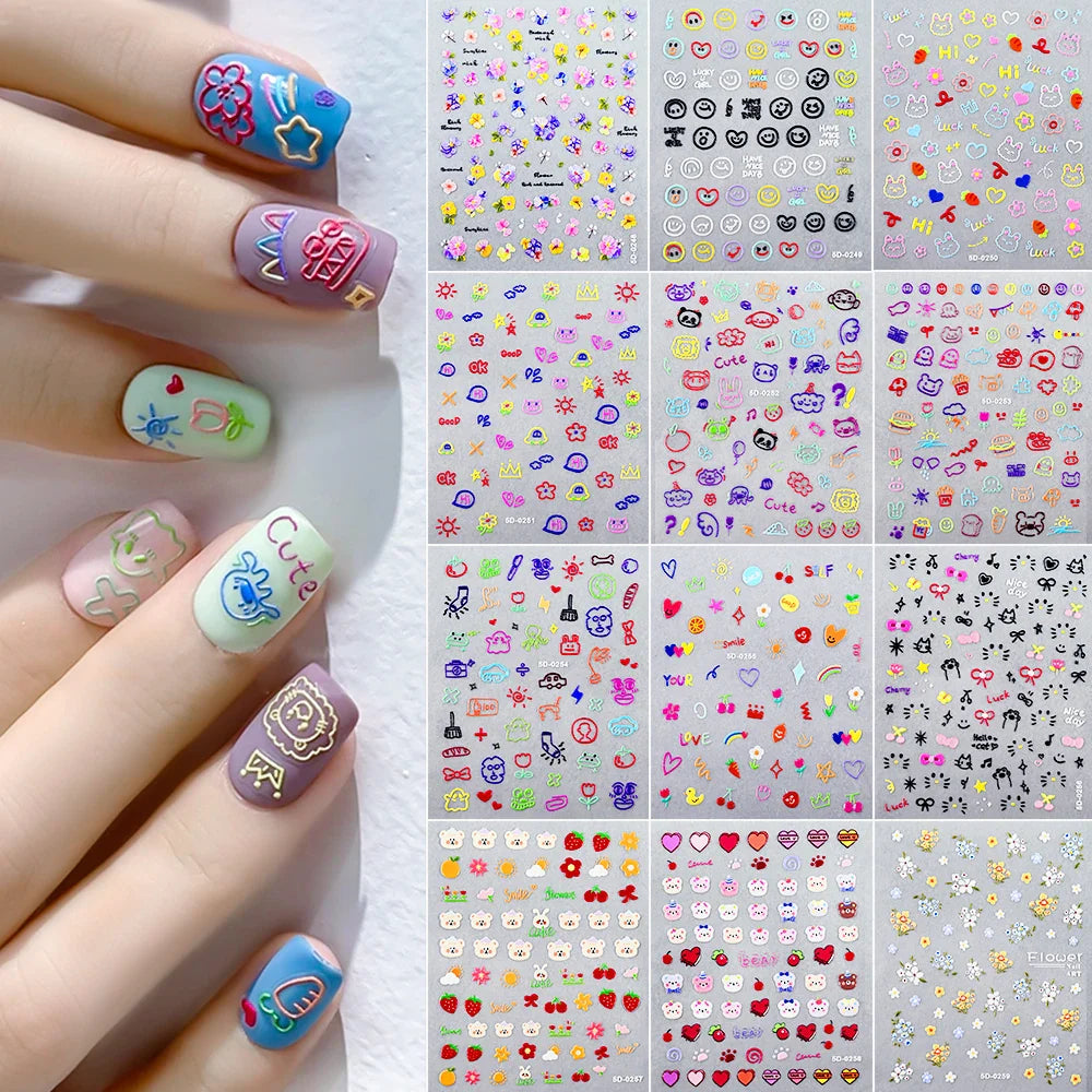 1 Sheet 5D Embossed Nail Art Stickers Graffiti Heart Flower Design Nail Art Decals Self-Adhesive DIY Manicure Nail Art Supplies* (ONLINE ORDER ONLY)