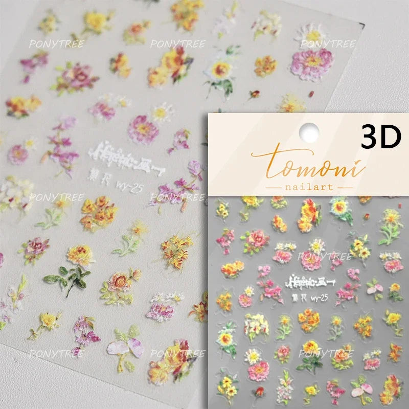Rose Flower Bouquet Leaves Lace Bowknot Pearl Photo Frame Gird Embossed Reliefs Self Adhesive Nail Art Stickers Manicure Decals (ONLINE ORDER ONLY)