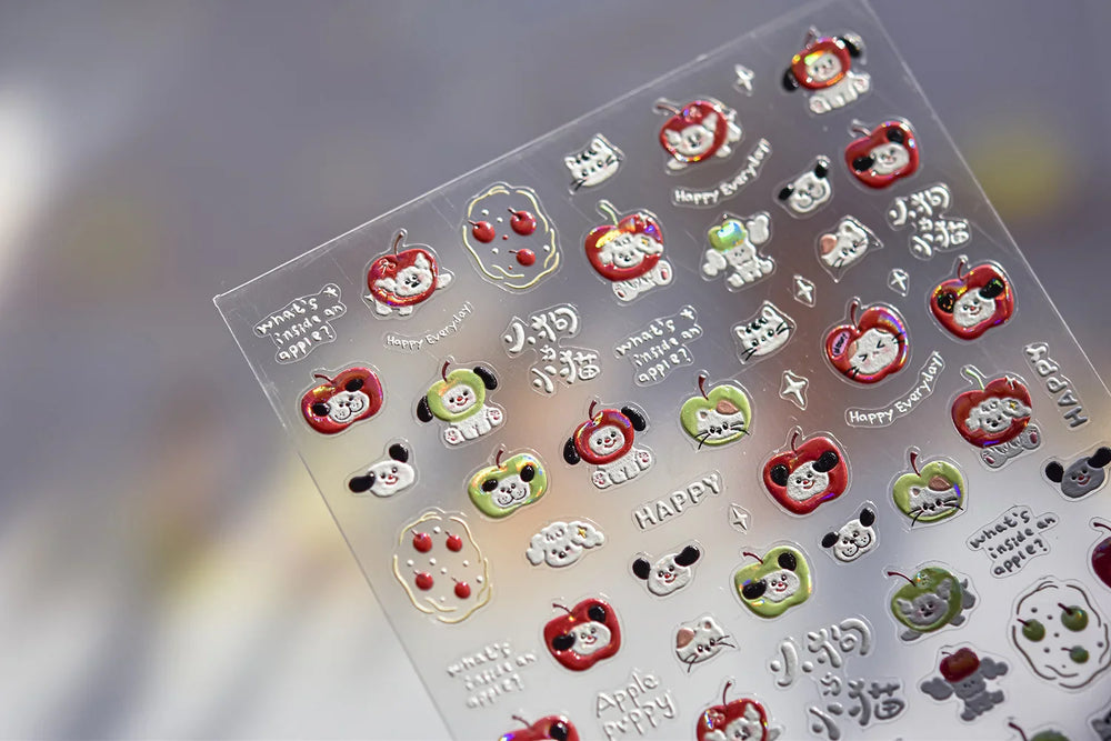 Cute Apple Fruit Dog Puppy Cat Kitten Adhesive Nail Art Sticker Charming Delicate Rhinestone Shiny Manicure Decals Nail Supplies (ONLINE ORDER ONLY)