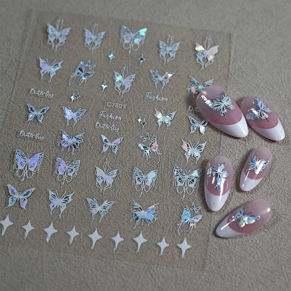 1pcs Butterfly Floral Nail Art Stickers Magic Shell Light Laser Black/White Nail Decoration Butterfly Slider Manicure Ornaments* (Online Order Only)