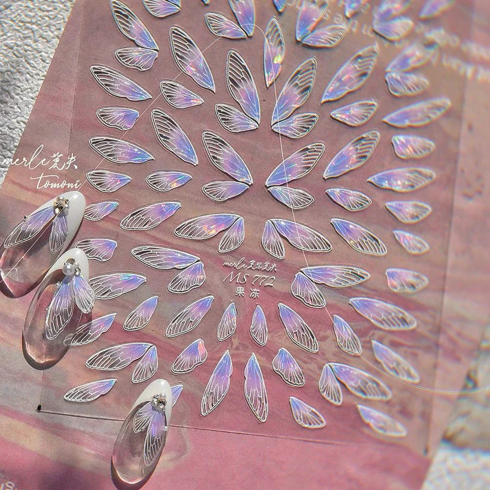 Transparent Purple Pink Gradient Wing Pinion Feather Housefly Wings Shiny Adhesive Nail Art Decoration Stickers Manicure Decals (ONLINE ORDER ONLY)