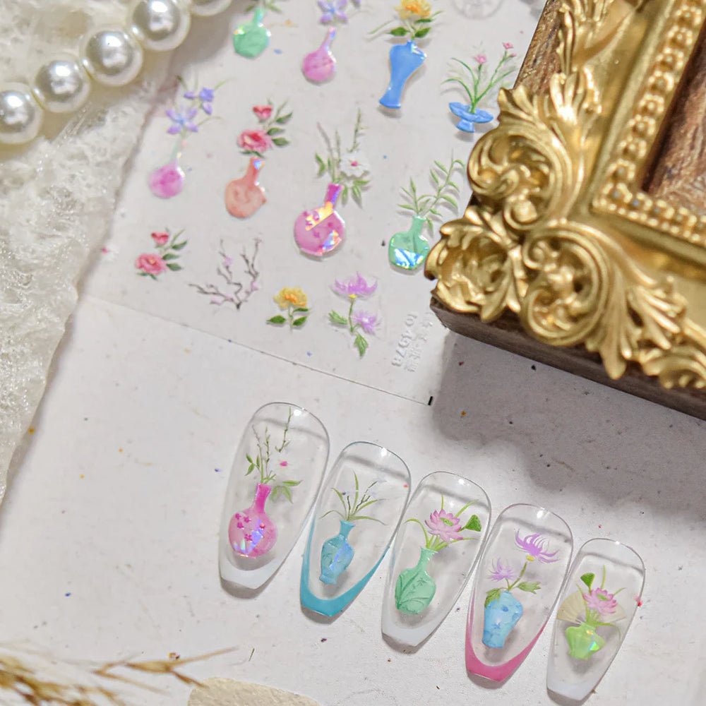 Orchid Daisy Chrysanthemum Peach Blossom Lotus Flower Vase Floral Art Fan Wintersweet Adhesive Nail Art Stickers Manicure Decals (Online Order Only)