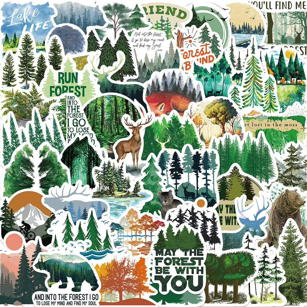 50Pcs Natural Green Forest Animal Stickers Graffiti Skateboard Suitcase Fridge Motorcycle Bike Cartoon Decals DIY Kids Toy (Online Order Only)