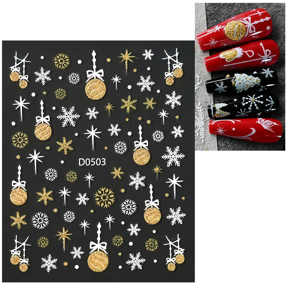 1pc Christmas Nail Sticker 3D Gold Glitter Snowflake Elk Penguin Bells Design Adhesive Nail Slider Decals Winter Manicure Decor* (Online Order Only)