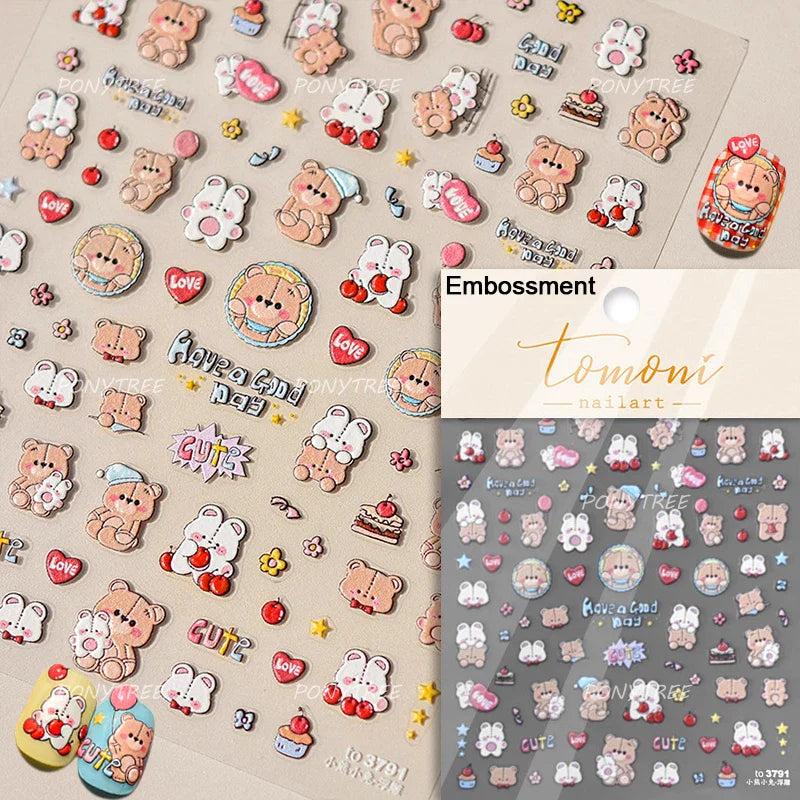 Colourful Cherry Abundant Fruits Bowknot Shiny White Line Outline Self Adhesive Nail Art Stickers Chic Rhinestone Manicure Decal (ONLINE ORDER ONLY)
