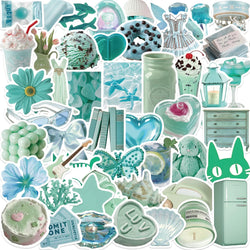 50pcs Ins Style Mint Green Stickers Aesthetic Summer Cartoon Decals Decoration DIY Waterproof Skateboard Laptop Phone Toys (Online Order Only)