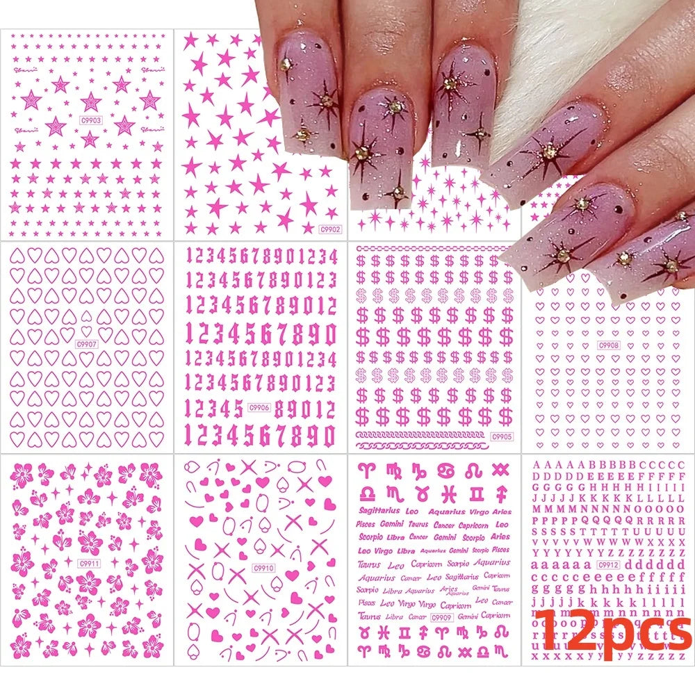 12pcs 3D Golden Glitter Heart Love Nail Stickers Valentine Self Adhesive Cute Cartoon Decal Geometry Slider Manicure Decoration* (ONLINE ORDER ONLY)