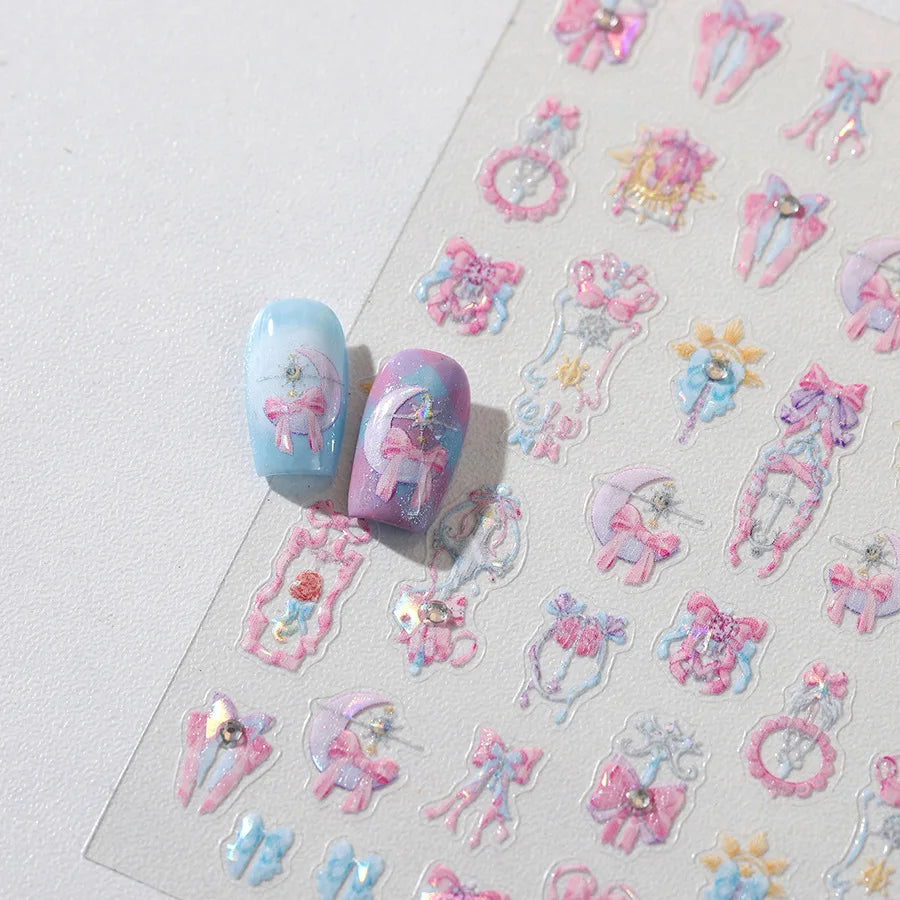 Pink Bowknot Star Moon Starburst Sun Polar Day Polar Night Sword Rose Flower Wreath Adhesive Nail Art Stickers Manicure Decals (ONLINE ORDER ONLY)