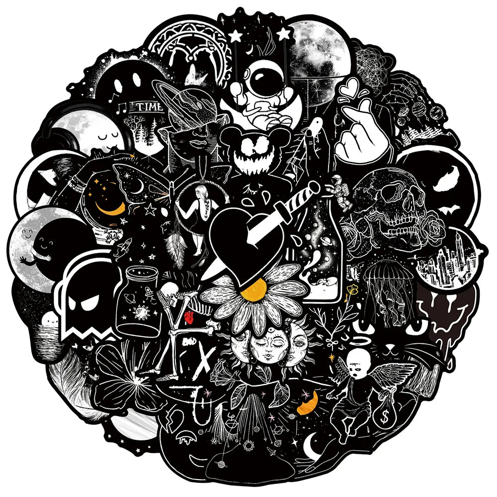 Gothic Graffiti Stickers Pack: Waterproof, Black & White, DIY for Car, Bike, Luggage, Phone, Laptop (Online Order Only)