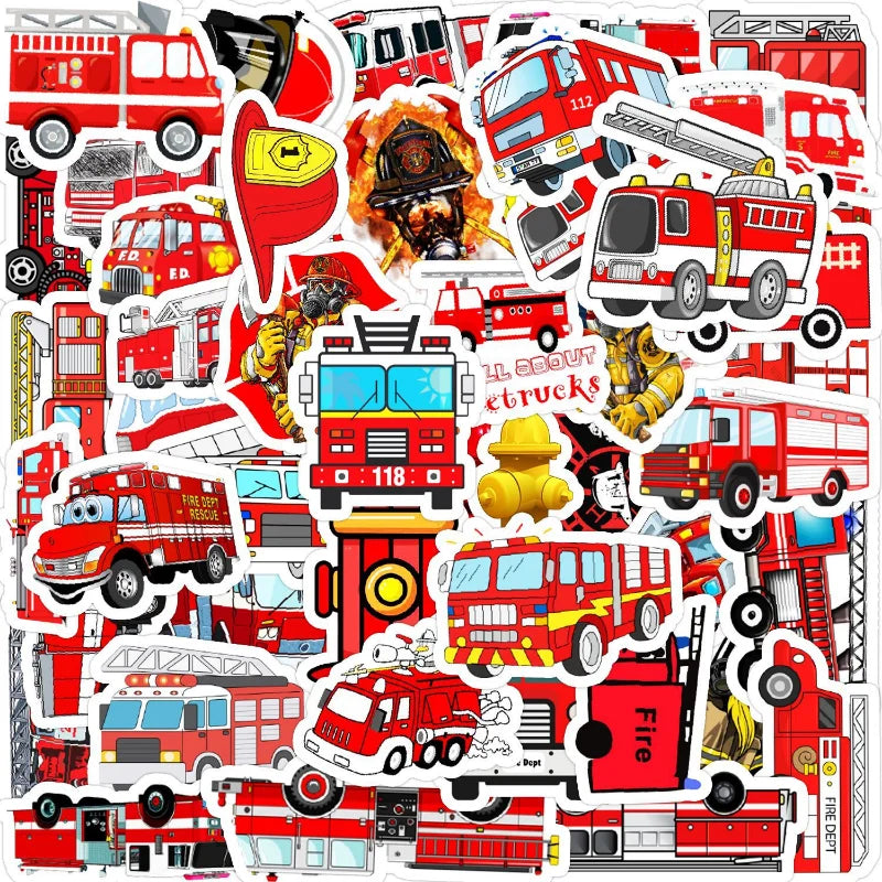 Fire Truck Stickers 10/25/50pcs for Scrapbook, Suitcase, Water Bottle, Phone, Laptop, Car, Skateboard (Online Order Only)