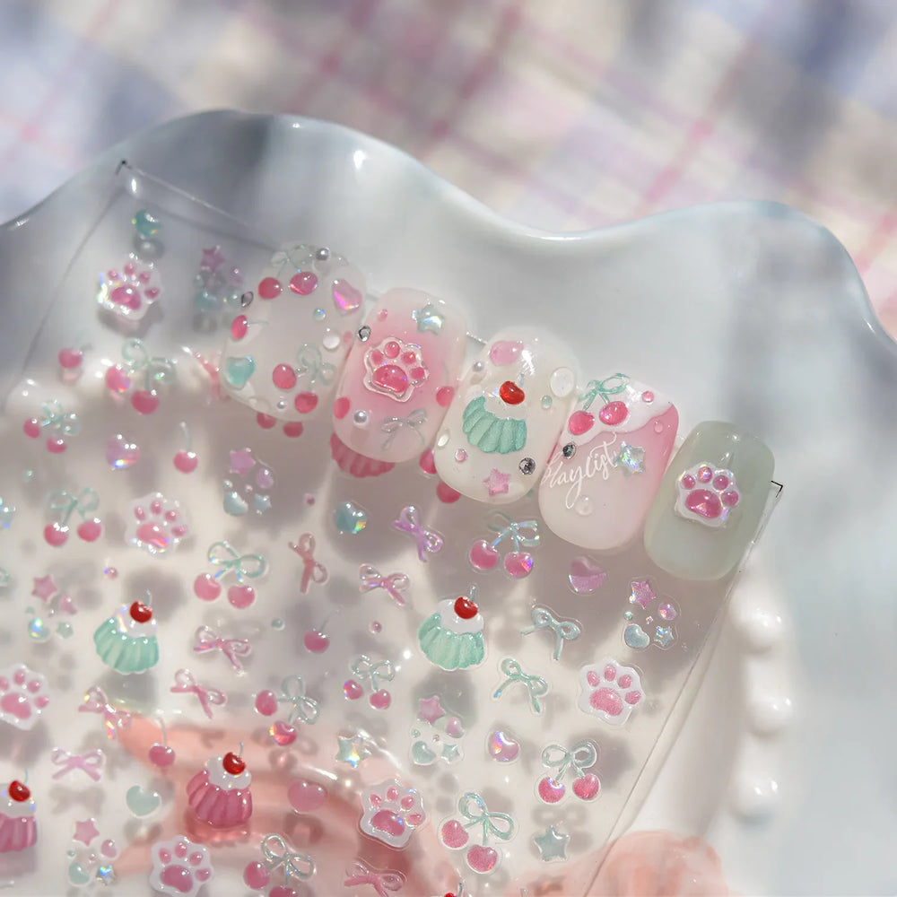 Colored Shiny Jelly Claw Paw Pudding Dessert Cherry Bowknot Cake Bow Tie Drink Food Love Heart Nail Art Sticker Manicure Decal (ONLINE ORDER ONLY)