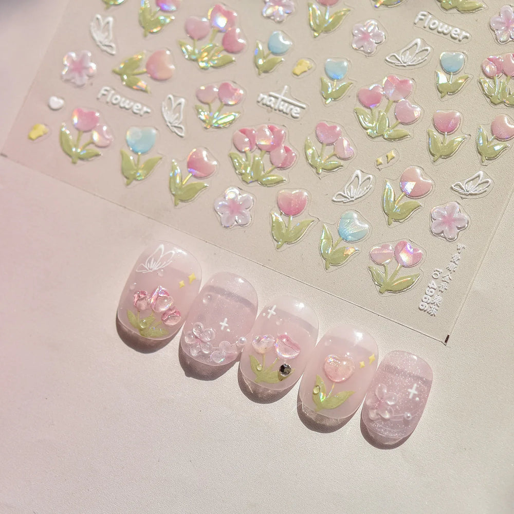 Cute  Pink Blue Nature Tulip Star Heart Butterfly Peach Blossom Jelly Embossed Relief Adhesive Nail Art Stickers Manicure Decals (ONLINE ORDER ONLY)