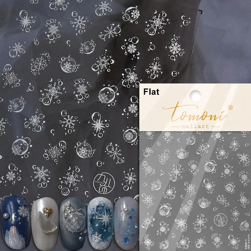 Shiny White Pink Blue Gold Snowflakes Hexagon Water Bubbles Winter 5D Self Adhesive Nail Art Stickers Rhinestone Manicure Decals (ONLINE ORDER ONLY)