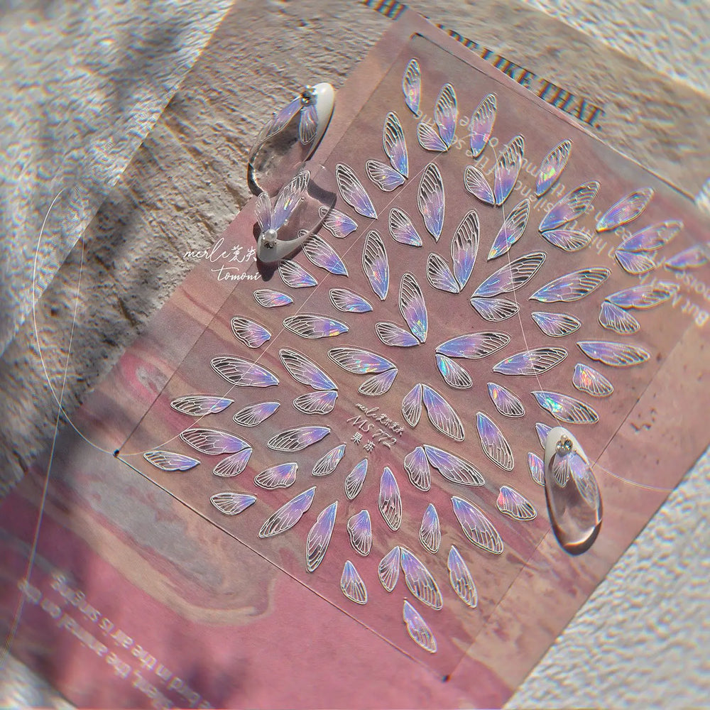 Transparent Purple Pink Gradient Wing Pinion Feather Housefly Wings Shiny Adhesive Nail Art Decoration Stickers Manicure Decals (ONLINE ORDER ONLY)