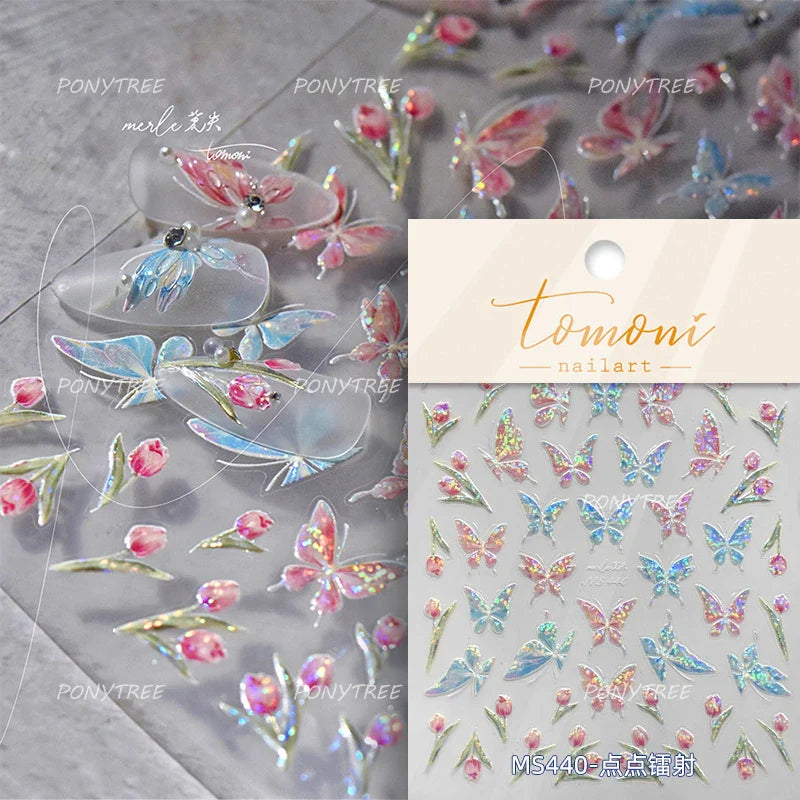 Chic Butterfly Flower Lily Lilium Narcissus Line Beautiful Blue Pearl Self Adhesive Nail Art Stickers Decorations Manicure Decal (Online Order Only)