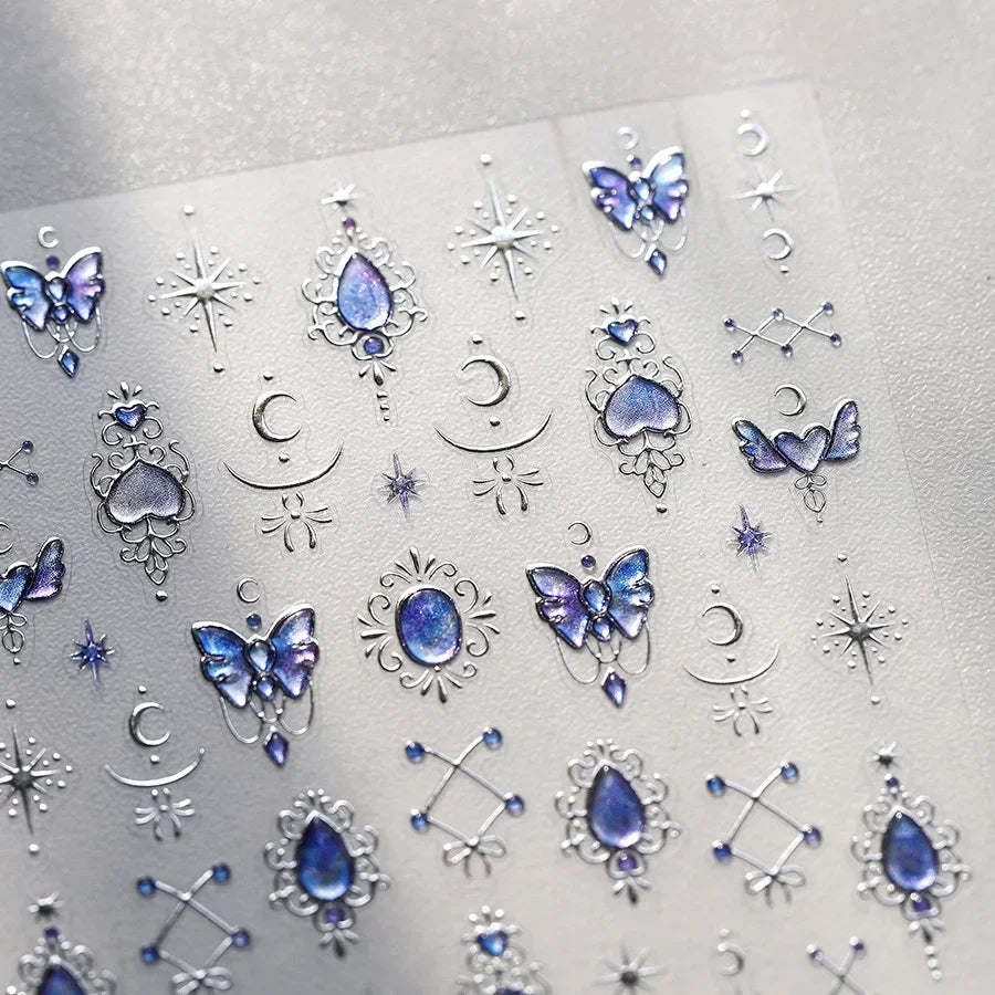 Romantic Purple Star Moon Butterfly Bowknot Retro Water Drop Gem Starburst Adhesive Nail Art Stickers Starlight Manicure Decals (ONLINE ORDER ONLY)