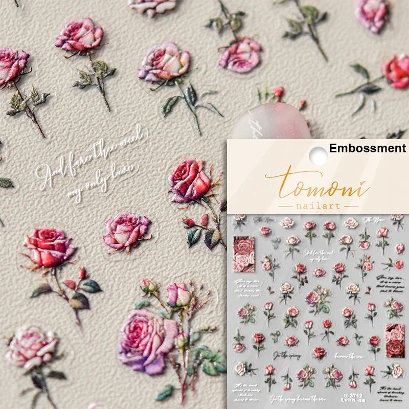 Romantic Candle Holder Lace Rambler Rose Pink Flower Bowknot Candlestick Ribbon Adhesive Nail Art Stickers Shiny Manicure Decals (ONLINE ORDER ONLY)