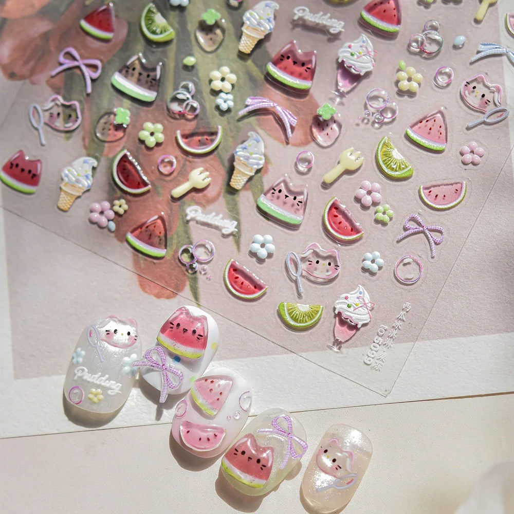 Summer Beach Bikini Watermelon Strawberry Ice Cream Soda Coconut Tree Fan Juice Crab Nail Art Decoration Stickers Manicure Decal (ONLINE ORDER ONLY)