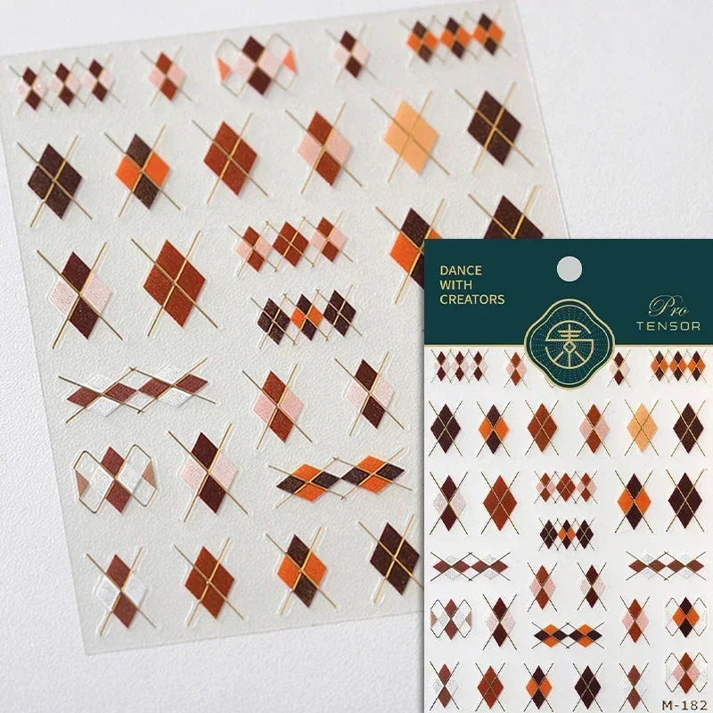 Geometric French Style Colorful Square Grid Rhombus Line Stripe Bowknot 3D Self Adhesive Nail Art Stickers Shiny Manicure Decals (ONLINE ORDER ONLY)
