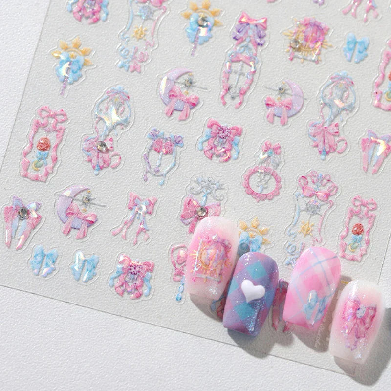 Pink Bowknot Star Moon Starburst Sun Polar Day Polar Night Sword Rose Flower Wreath Adhesive Nail Art Stickers Manicure Decals (ONLINE ORDER ONLY)