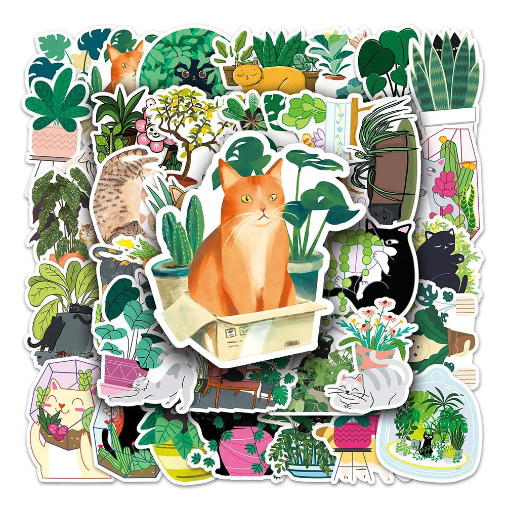 Cute Plant Cat Stickers Cartoon Aesthetic Decals for Laptop, Suitcase, Fridge - 10/30/50PCS (ONLINE ORDER ONLY)
