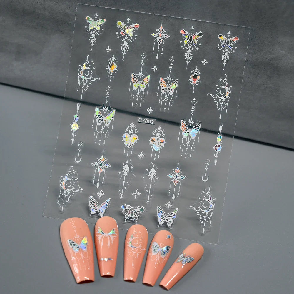 1pcs Butterfly Floral Nail Art Stickers Magic Shell Light Laser Black/White Nail Decoration Butterfly Slider Manicure Ornaments* (Online Order Only)