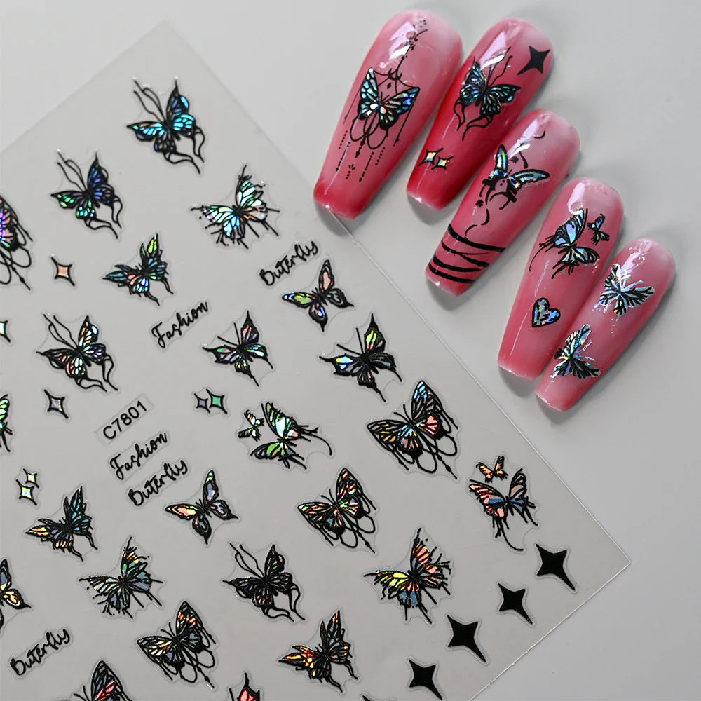 1pcs Butterfly Floral Nail Art Stickers Magic Shell Light Laser Black/White Nail Decoration Butterfly Slider Manicure Ornaments* (Online Order Only)