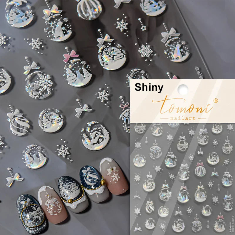 Hot Stamping Romantic White Gold Snowflakes Hexagon Winter 3D Self Adhesive Nail Art Stickers Shiny Rhinestone Manicure Decals (Online Order Only)