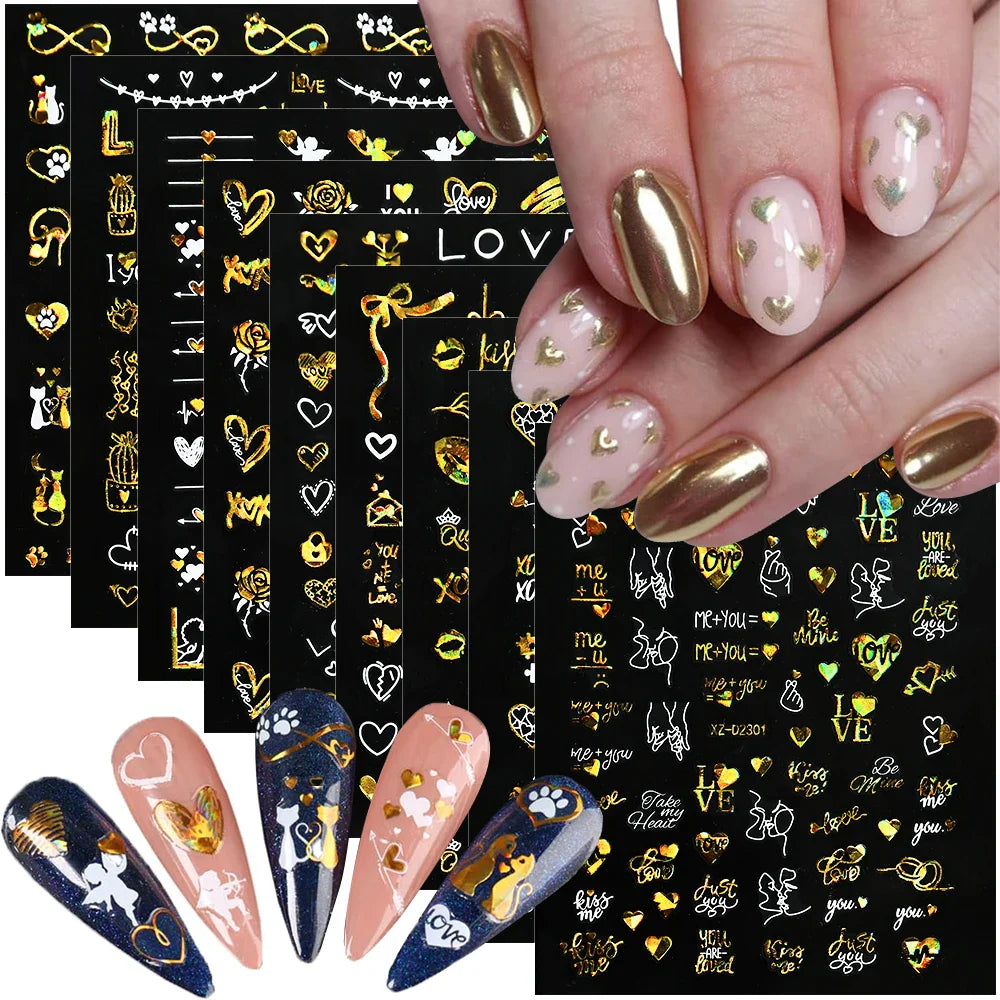 12pcs 3D Golden Glitter Heart Love Nail Stickers Valentine Self Adhesive Cute Cartoon Decal Geometry Slider Manicure Decoration* (ONLINE ORDER ONLY)
