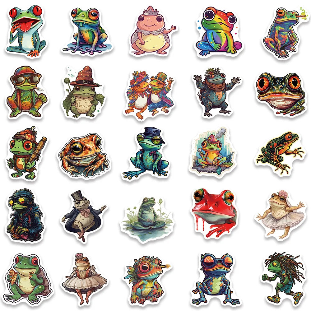 50pcs Funny Colorful Cartoon Trippy Frogs Stickers Vinyl Laptop Phone Decals Guitar Luggage Diary Car Waterproof Graffiti (ONLINE ORDER ONLY)