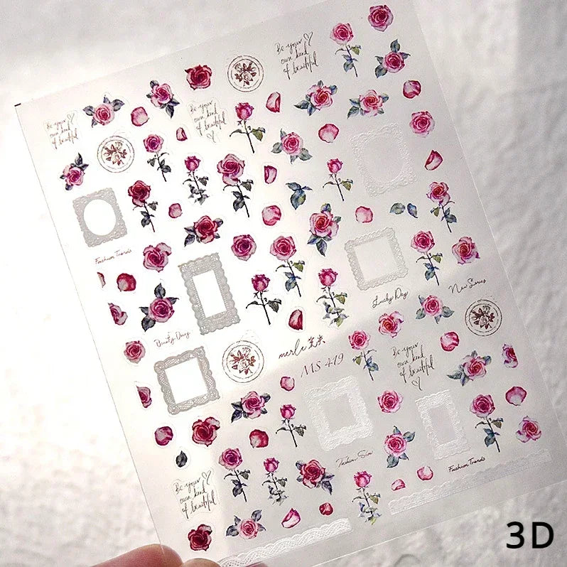 Pale Flower Bouquet Label Bowknot Stationery Sunflower Daisy Leaf 3D Self Adhesive Nail Art Stickers Rhinestone Manicure Decals (Online Order Only)