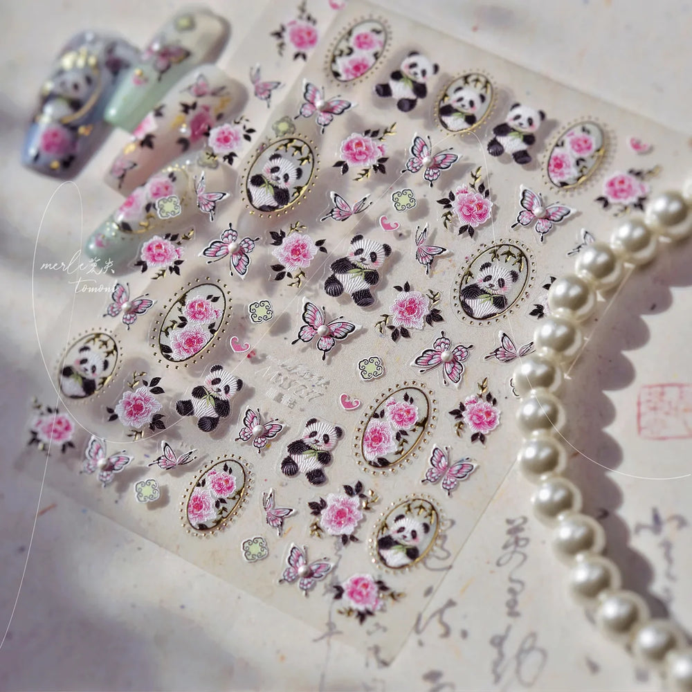 Panda Bamboo Butterfly Pattern Totem Figure Peony Flower Love Heart Adhesive Nail Art Stickers Embroidery Pearl Manicure Decals (ONLINE ORDER ONLY)