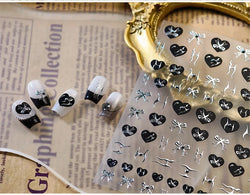 Black Silver Bowknot Love Heart Lace Irregular Line Lava Chic Self Adhesive Nail Art Stickers Embossed Reliefs Manicure Decals (Online Order Only)