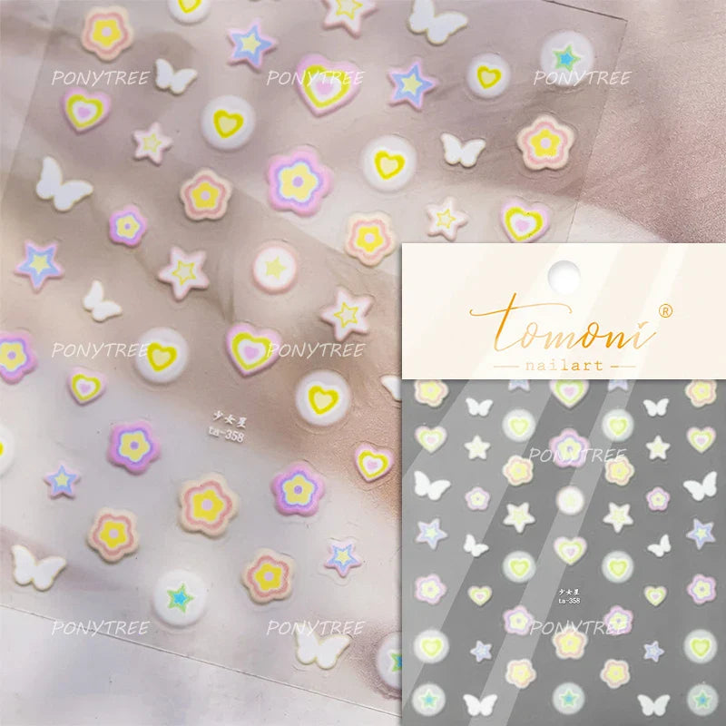 Lovely Colored Flower Fried Egg Petal Love Heart Cartoon Pink Yellow Purple Blue Delicate Charm Nail Art Stickers Manicure Decal (ONLINE ORDER ONLY)