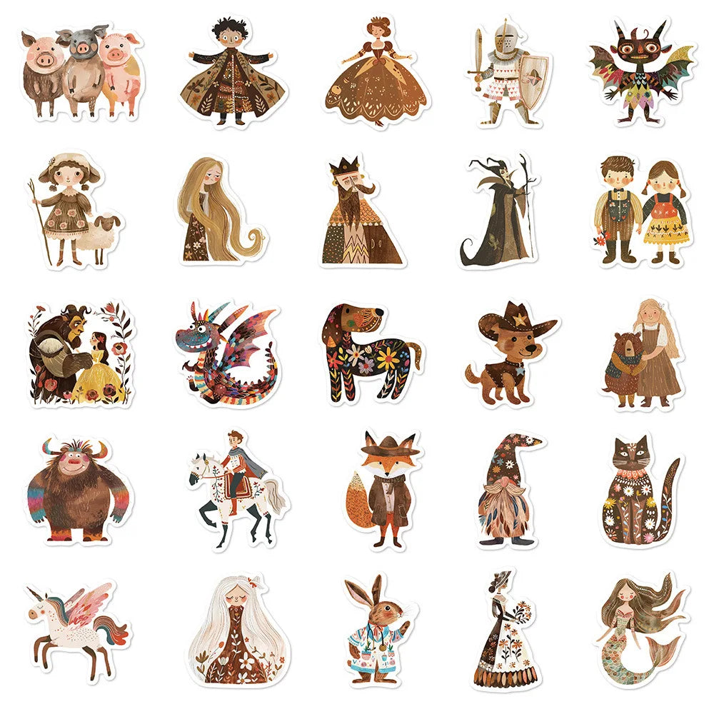 10/30/50PCS Cute Fairy Tale Character Stickers Funny Retro Cartoon Decals Waterproof Decoration DIY Diary Scrapbook Laptop Bike (Online Order Only)