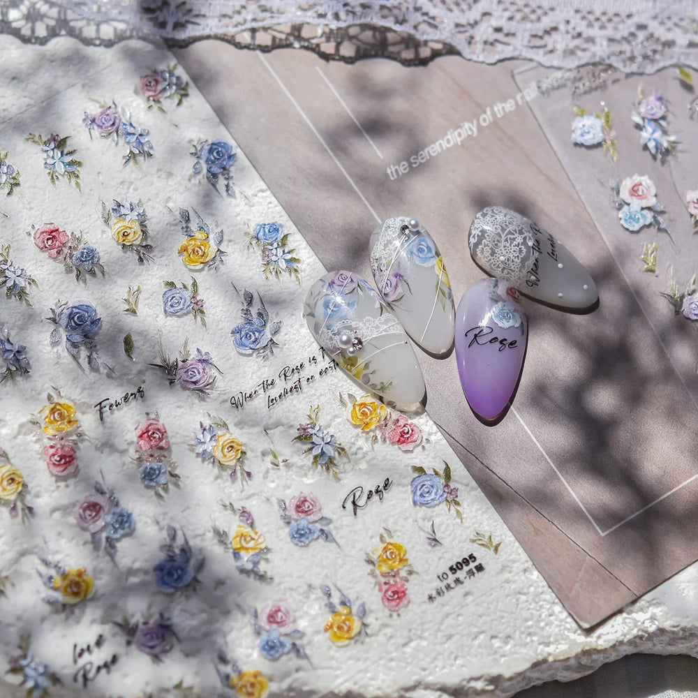 Watercolor Style Colourful Rose Flower Embossment Romantic Garden 5D Self Adhesive Nail Art Decoration Stickers Manicure Decals (ONLINE ORDER ONLY)