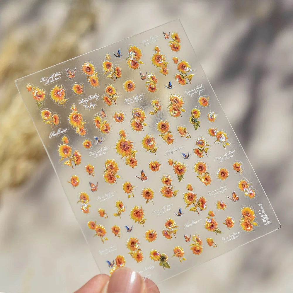 Embossed Shiny Vigor Sunflower Turnsole Vitality Butterfly Daisy Oil Painting Plant 5D Adhesive Nail Art Sticker Manicure Decals (ONLINE ORDER ONLY)
