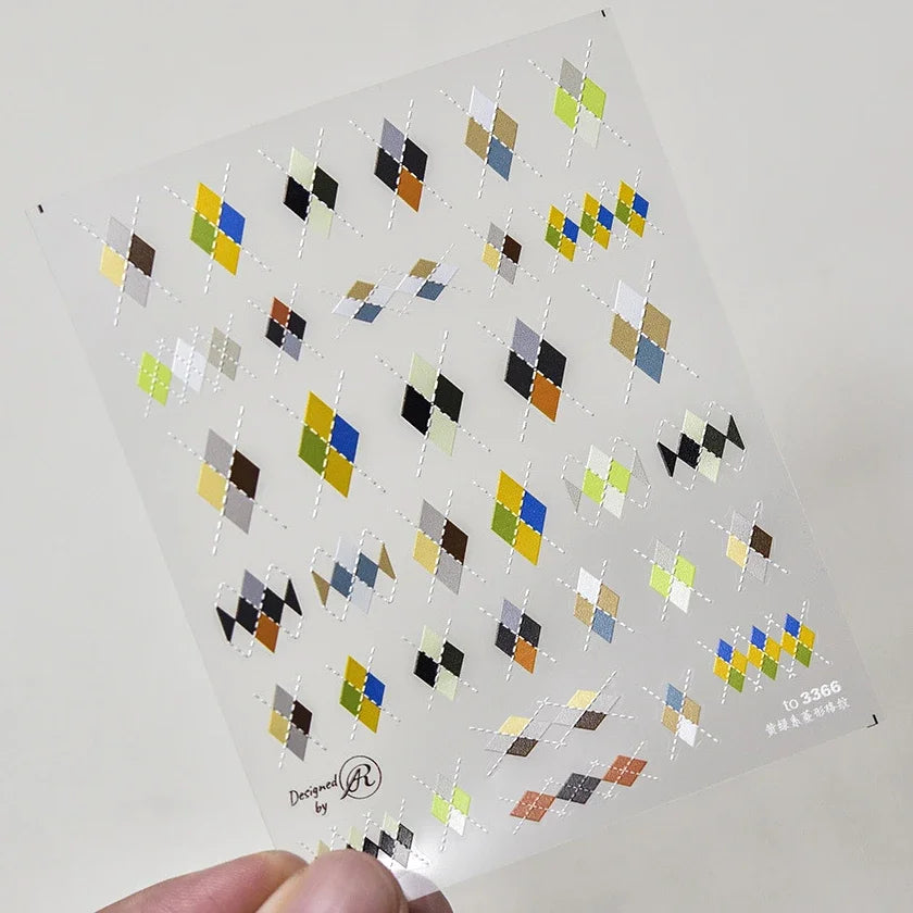 French Style Geometric Black White Square Grid Rhombus Stripe 3D Self Adhesive Nail Art Stickers Shiny Rhinestone Manicure Decal (ONLINE ORDER ONLY)