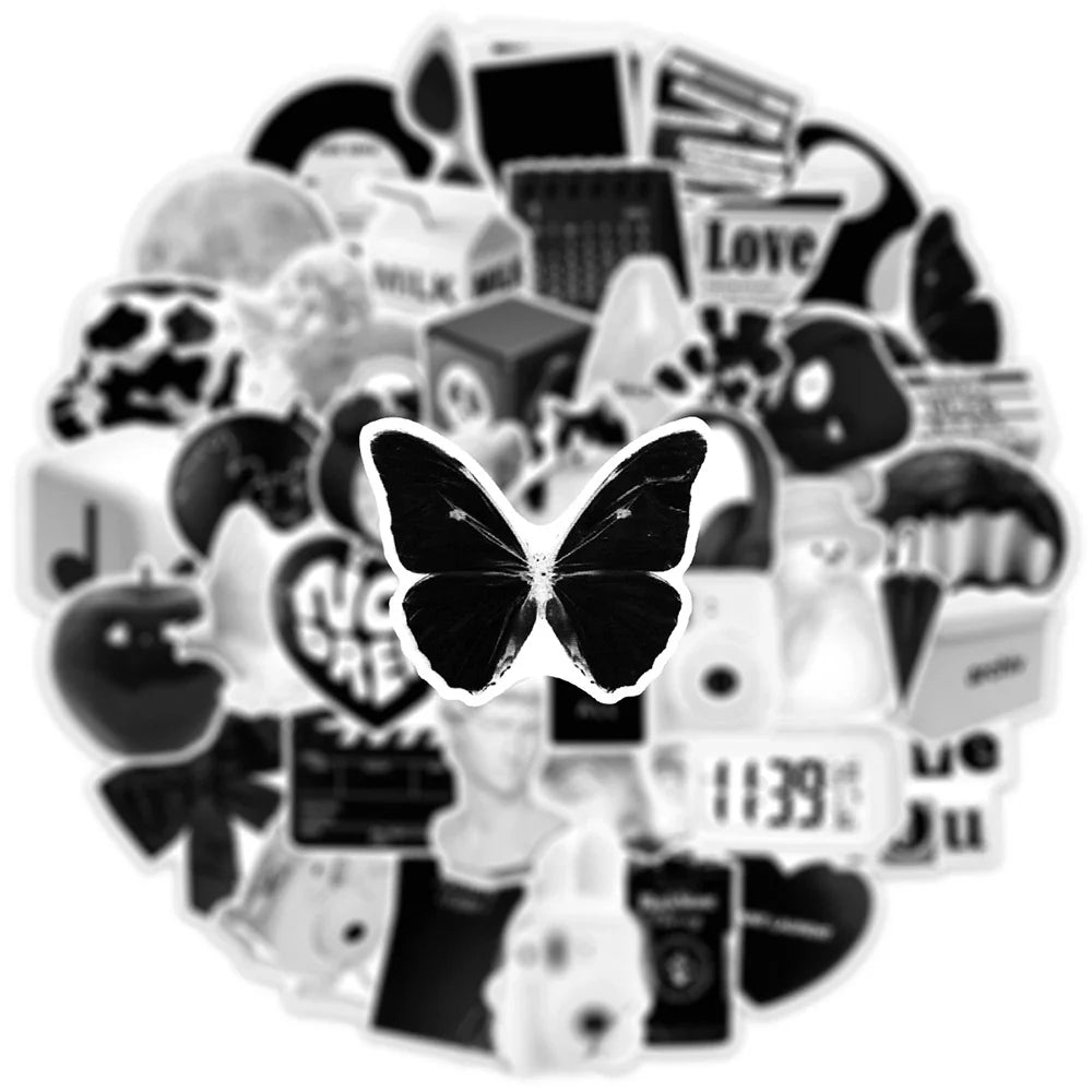 10/30/50PCS Ins Style Simple Black White Stickers Cute Decals DIY Phone Suitcase Luggage Fridge Helmet Graffiti Cartoon Sticker (ONLINE ORDER ONLY)