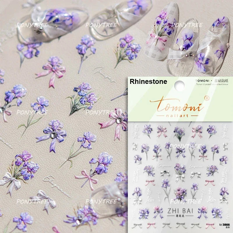Chic Wild Flower Oil Painting Small Variegated Daisy Peach Blossom Lavender Petal Adhesive Nail Art Stickers Manicure Decals (Online Order Only)