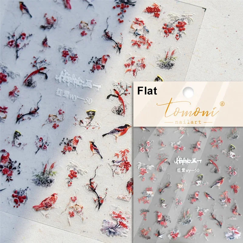 Red Azalea Rose Peony Crane Warbler Bird Fish Lily Chicken Rabbit Lobster Flower Retro Chinese Nail Art Sticker Decoration Decal (Online Order Only)