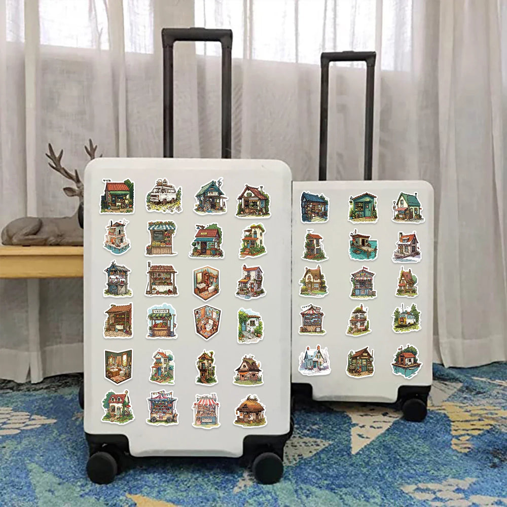 50pcs Vintage Retro Small House Stickers For Scrapbook Phone Laptop Guitar Stationery DIY Waterproof Sticker Decals Kids Toy (Online Order Only)