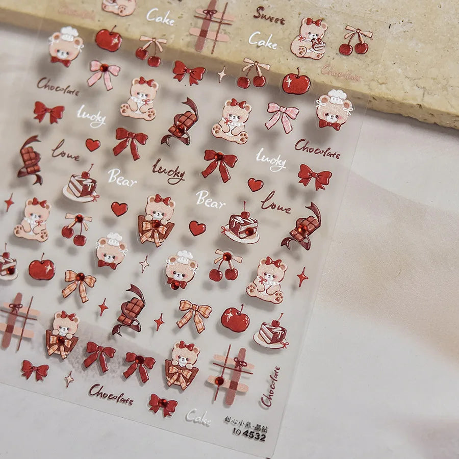 Bowknot Bear Cake Chocolates Food Star Cherry Apple Cook Love Heart Adhesive Nail Art Sticker Rhinestone Reliefs Manicure Decal (ONLINE ORDER ONLY)