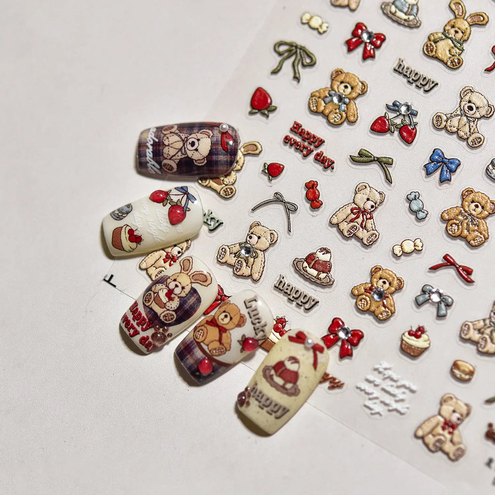 Charm Retro Bear Candy Cake Bowknot Rabbit Bunny Strawberry Footprint Muffin 3D Adhesive Nail Art Stickers Chic Manicure Decals (ONLINE ORDER ONLY)