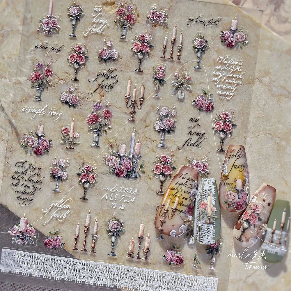Romantic Candle Holder Lace Rambler Rose Pink Flower Bowknot Candlestick Ribbon Adhesive Nail Art Stickers Shiny Manicure Decals (ONLINE ORDER ONLY)