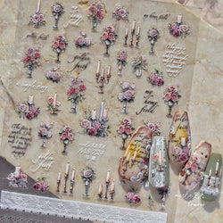 Romantic Candle Holder Lace Rambler Rose Pink Flower Bowknot Candlestick Ribbon Adhesive Nail Art Stickers Shiny Manicure Decals (ONLINE ORDER ONLY)