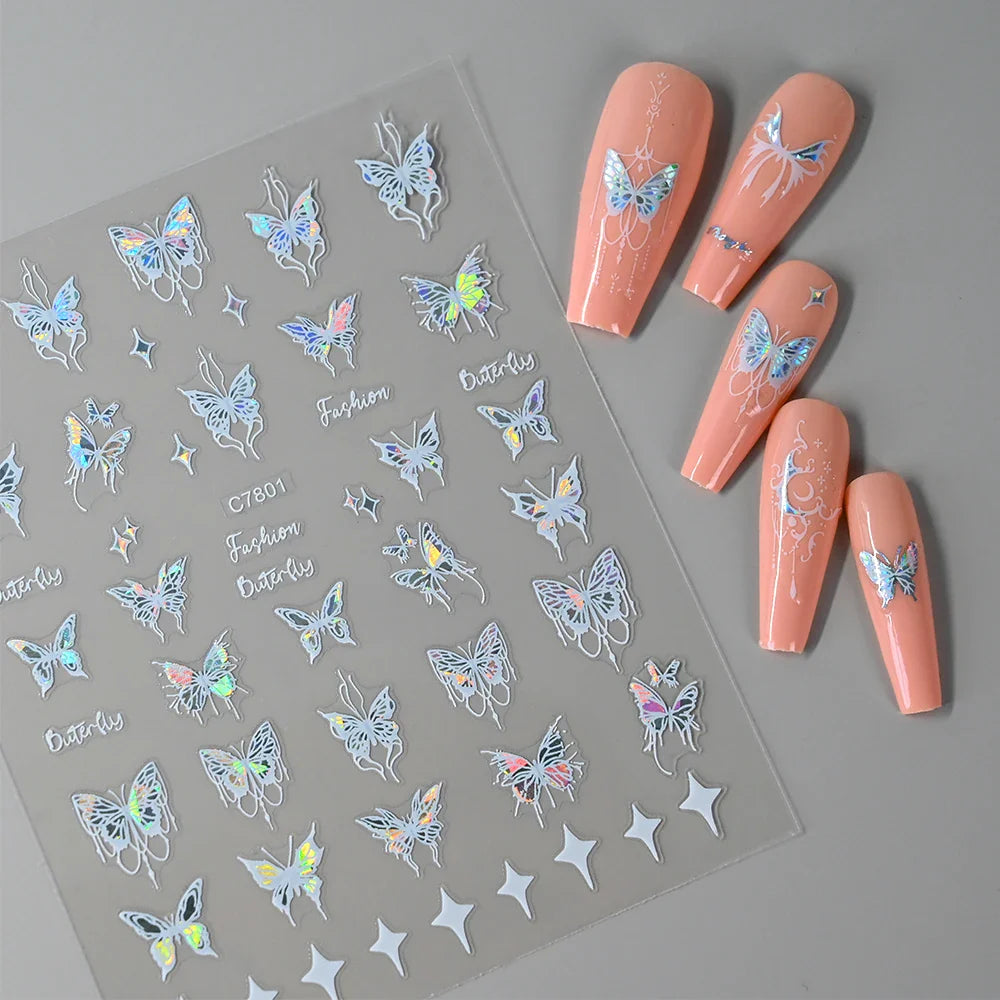 1pcs Butterfly Floral Nail Art Stickers Magic Shell Light Laser Black/White Nail Decoration Butterfly Slider Manicure Ornaments* (Online Order Only)